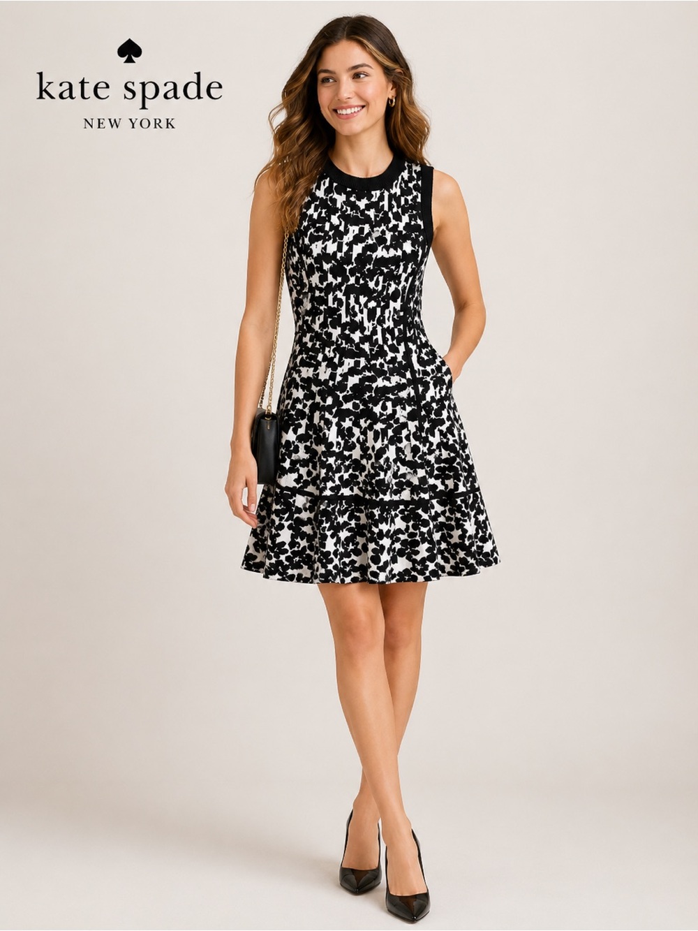 Kate Spade Black White Fit & Flare Knit Dress Size Small Sleeveless Stretch